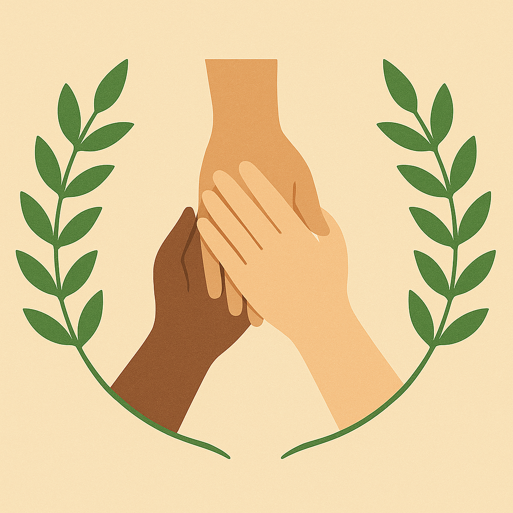 Diverse hands coming together with olive branches - representing unity, support, and collaboration in our values